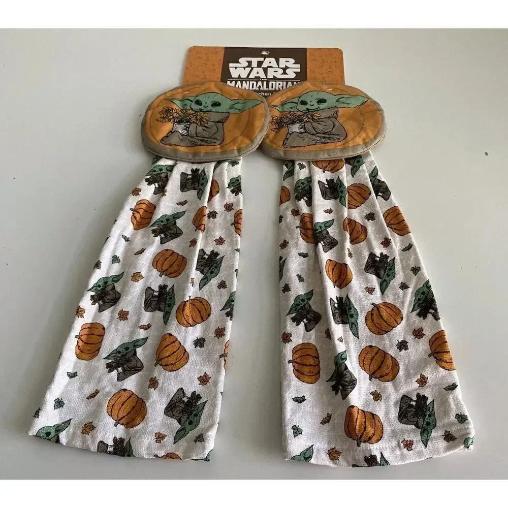 Set Of 2 Disney Baby Yoda Grogu Pumpkin Fall Autumn Kitchen Hanging Towels NEW